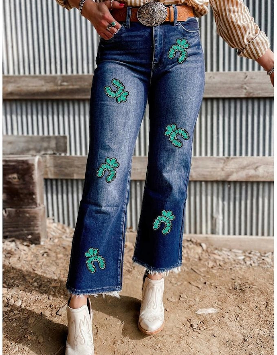 Sail Blue Turquoise Pattern Raw Edge Cropped High Waist Jeans