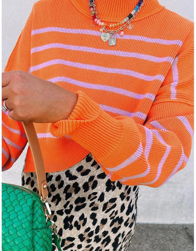 Orange Stripe Ribbed High Neck Drop Shoulder Boxy Fit Sweater