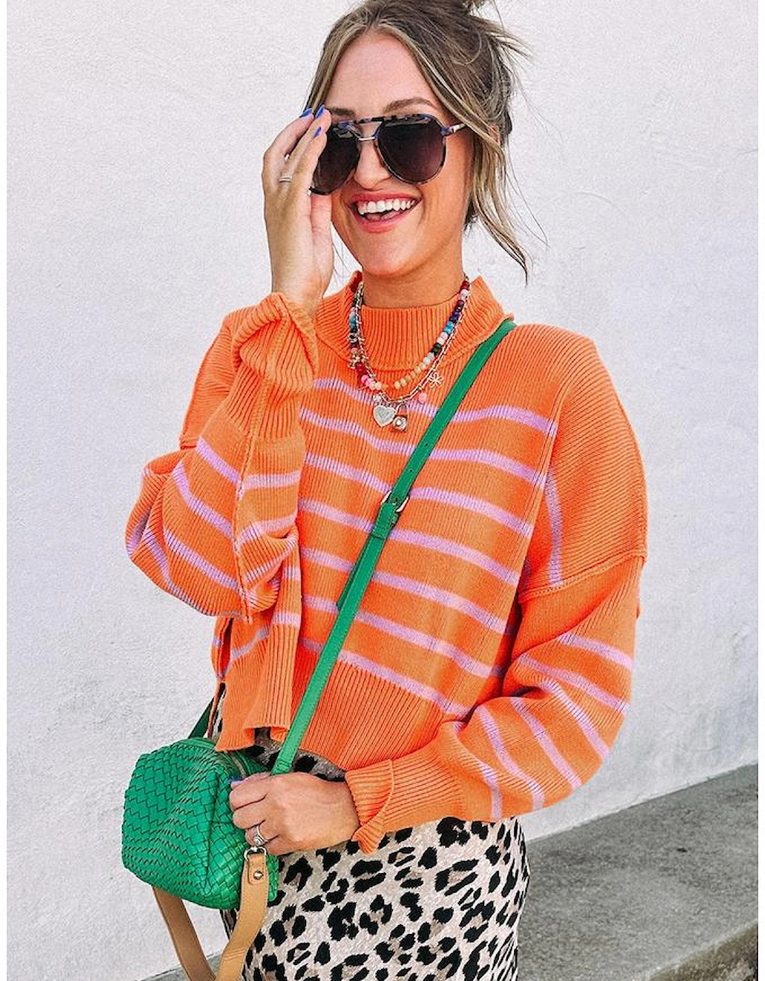 Orange Stripe Ribbed High Neck Drop Shoulder Boxy Fit Sweater