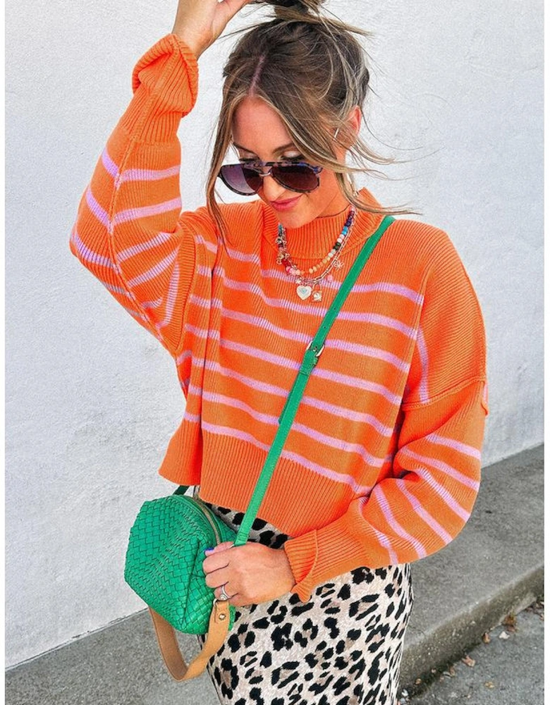 Orange Stripe Ribbed High Neck Drop Shoulder Boxy Fit Sweater
