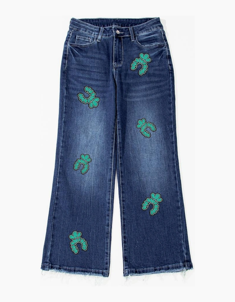 Sail Blue Turquoise Pattern Raw Edge Cropped High Waist Jeans
