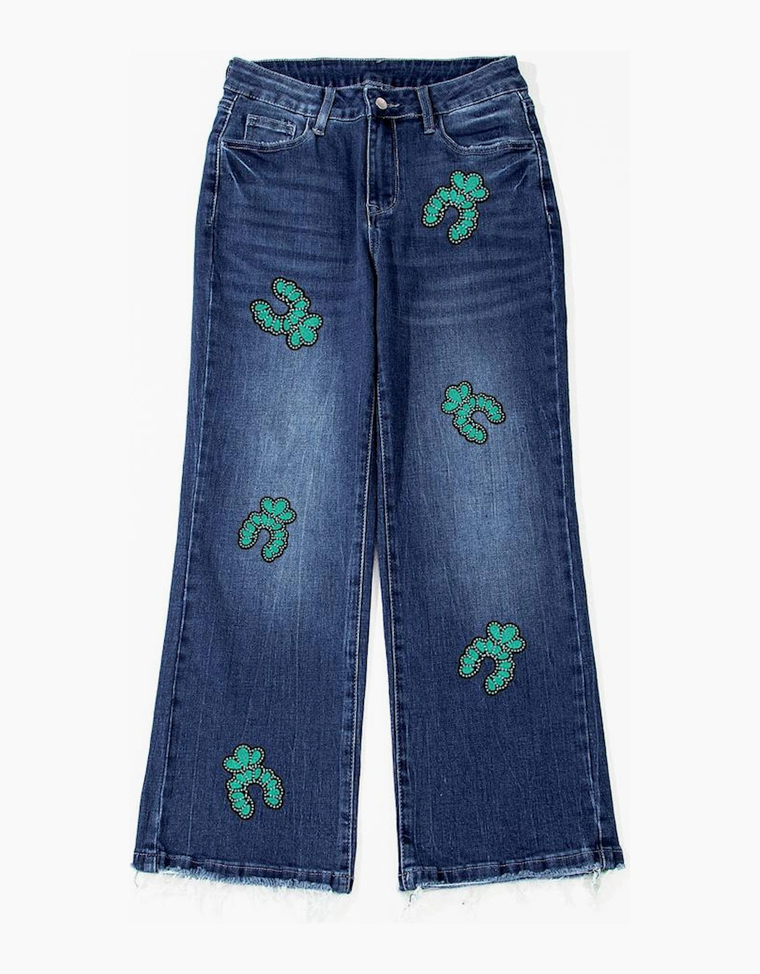 Sail Blue Turquoise Pattern Raw Edge Cropped High Waist Jeans