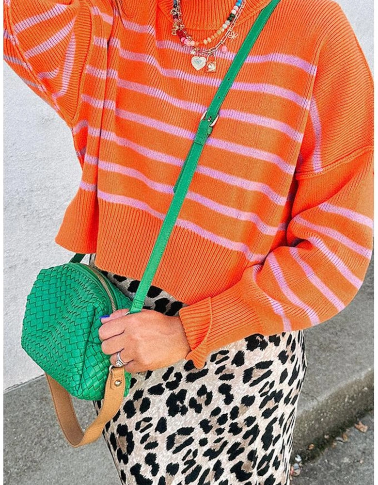 Orange Stripe Ribbed High Neck Drop Shoulder Boxy Fit Sweater