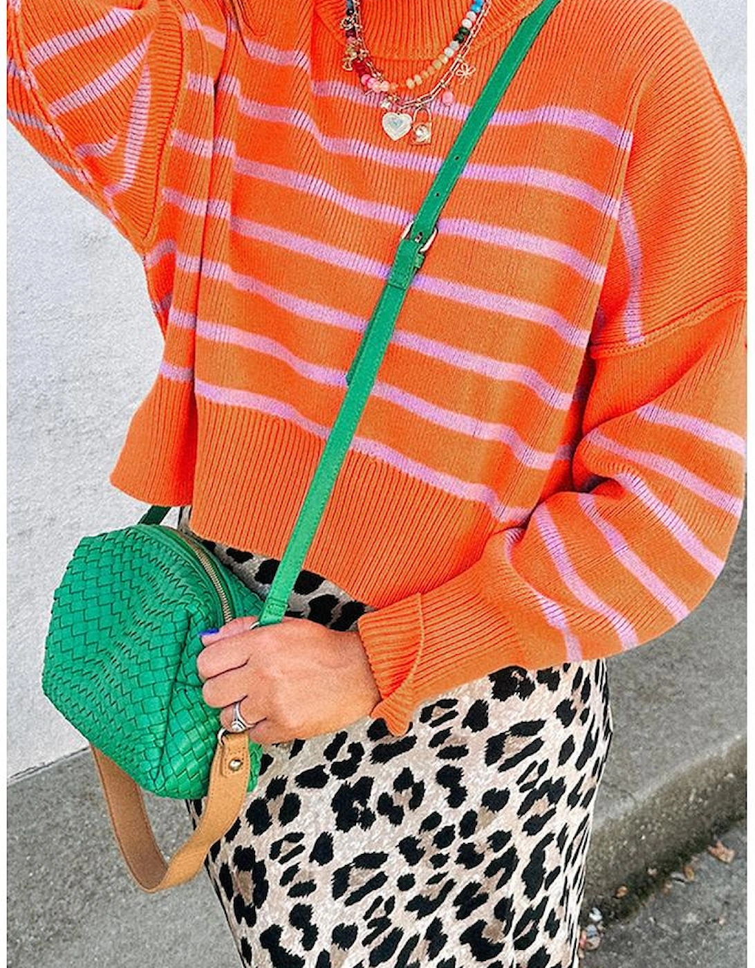 Orange Stripe Ribbed High Neck Drop Shoulder Boxy Fit Sweater