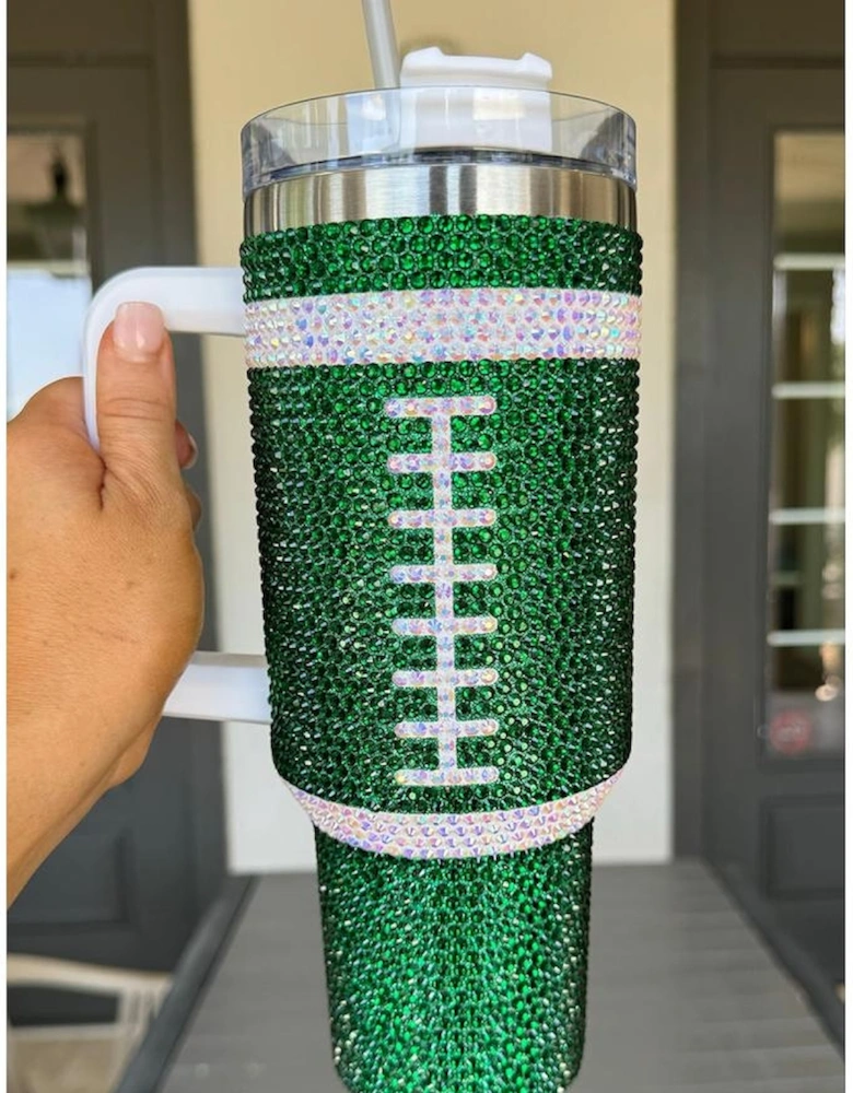 Azura Exchange Dark Green Rhinestone Rugby Football Handle Vacuum Cup 40oz
