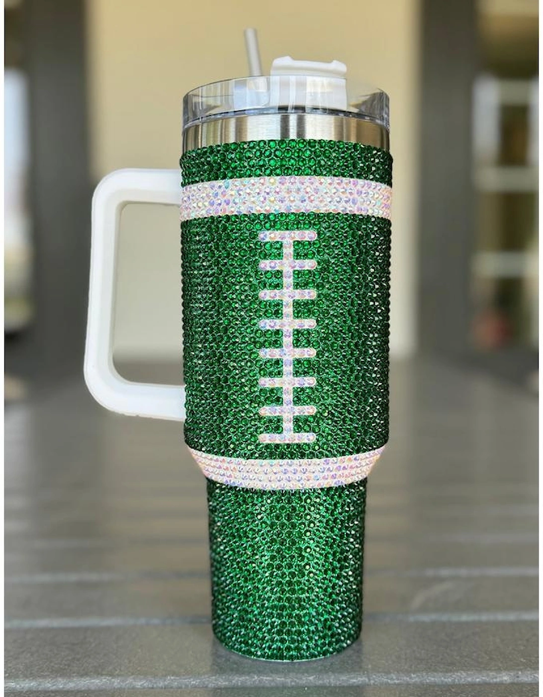 Azura Exchange Dark Green Rhinestone Rugby Football Handle Vacuum Cup 40oz