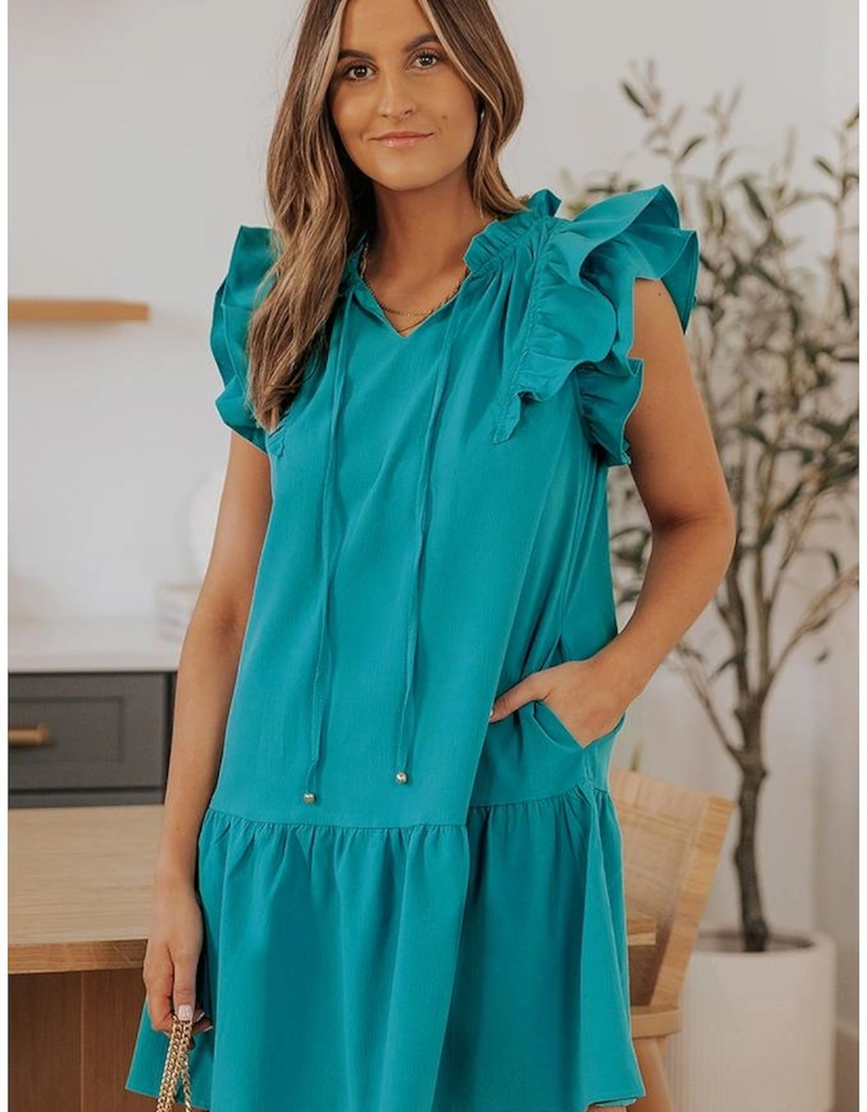 Azura Exchange Green Tiered Ruffled Sleeves Mini Dress with Pockets