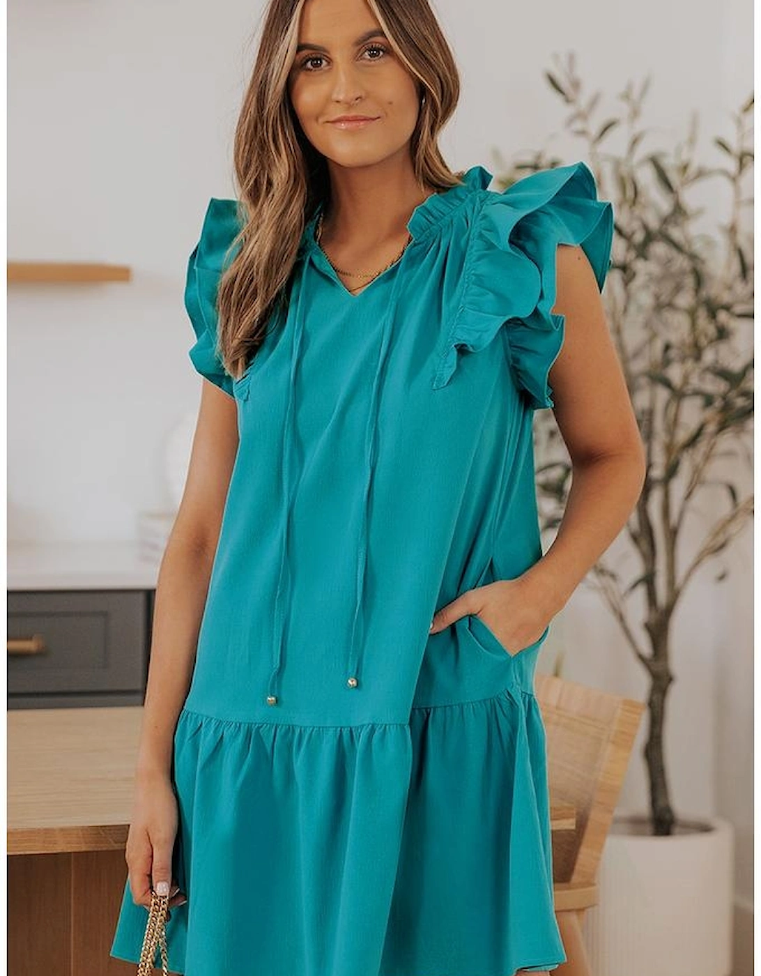 Azura Exchange Green Tiered Ruffled Sleeves Mini Dress with Pockets, 14 of 13