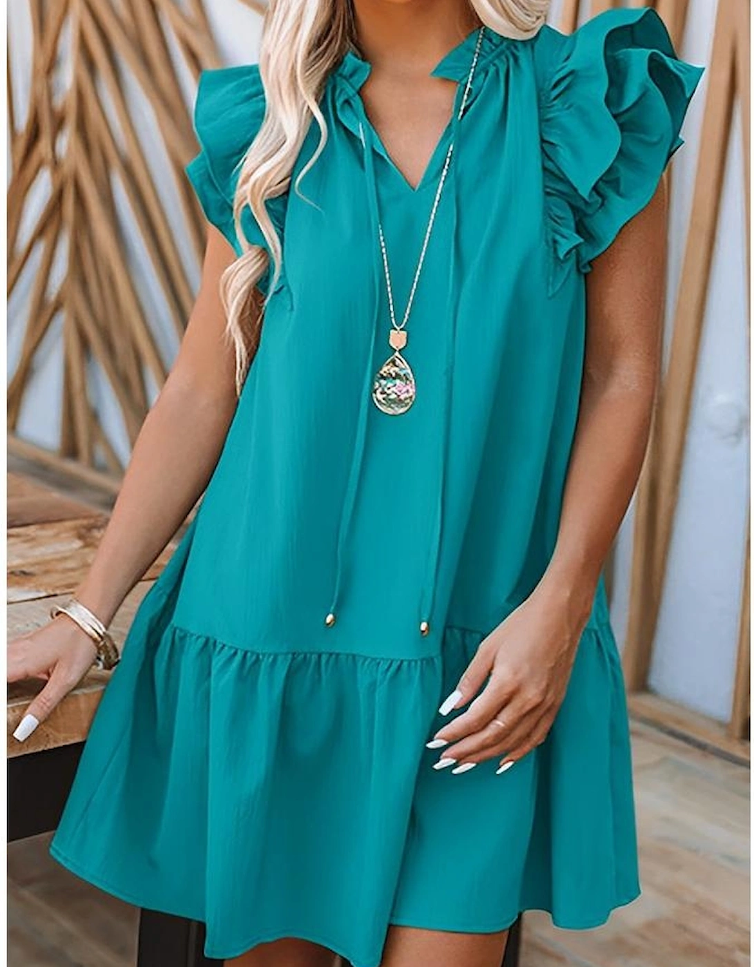 Azura Exchange Green Tiered Ruffled Sleeves Mini Dress with Pockets