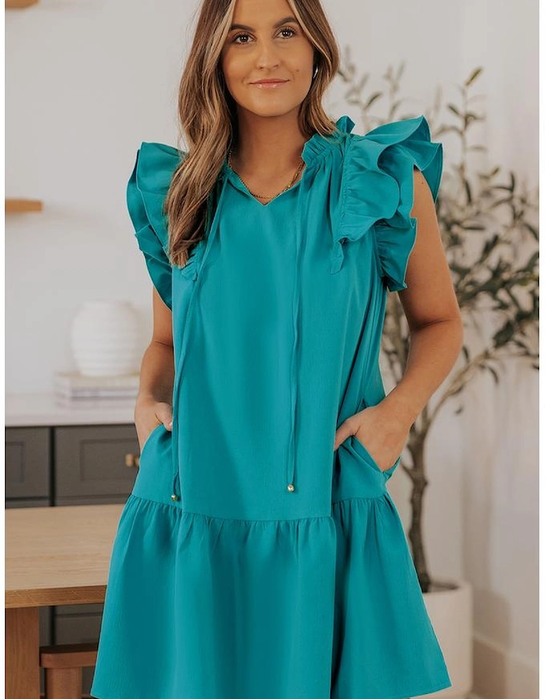 Azura Exchange Green Tiered Ruffled Sleeves Mini Dress with Pockets