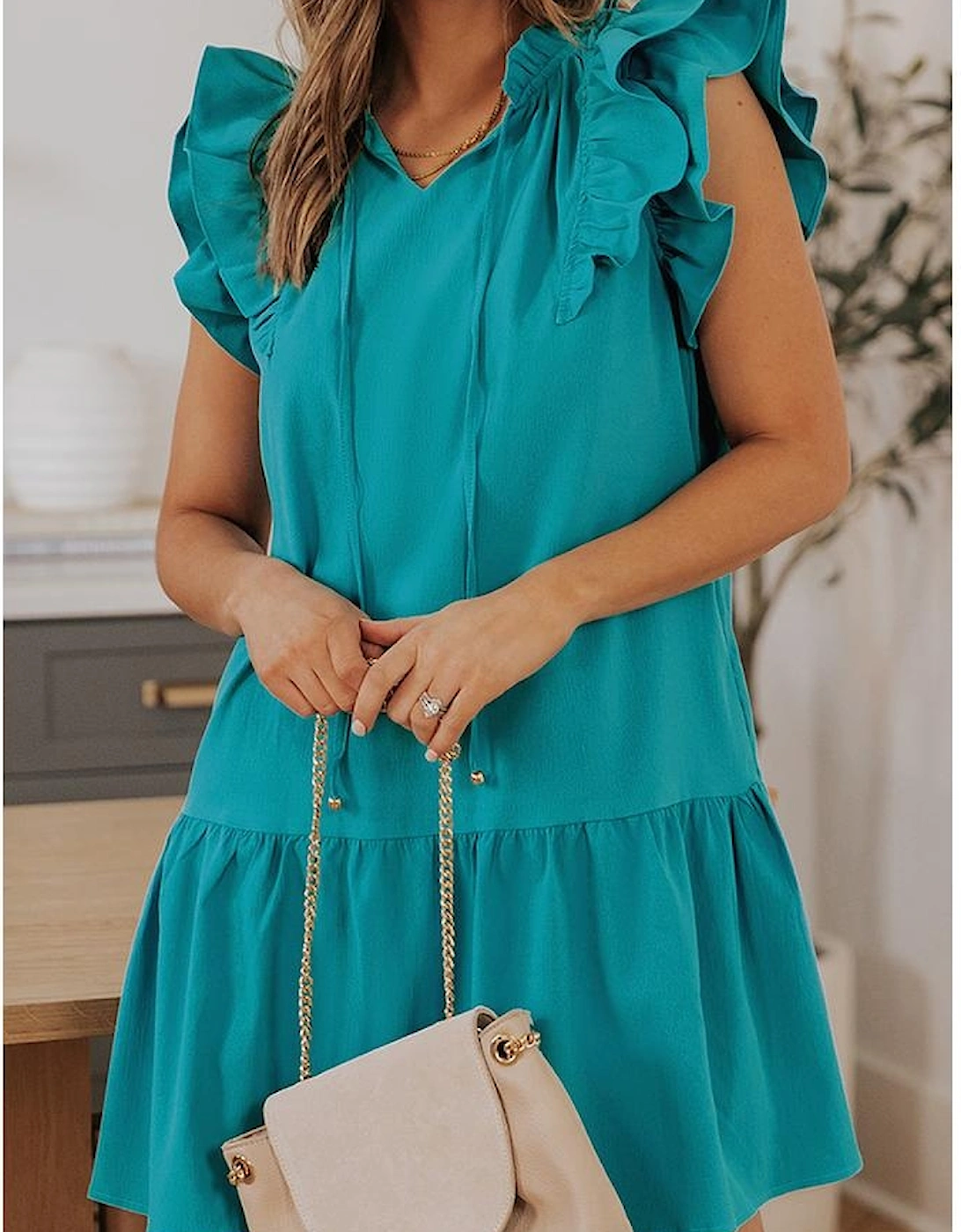 Azura Exchange Green Tiered Ruffled Sleeves Mini Dress with Pockets