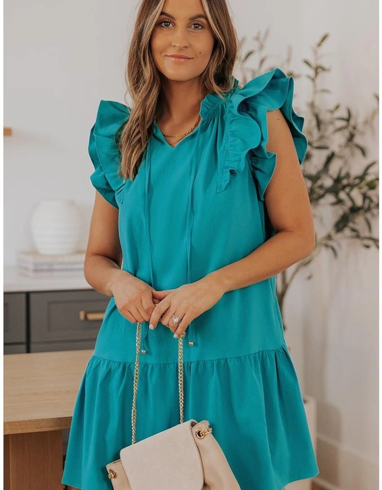 Azura Exchange Green Tiered Ruffled Sleeves Mini Dress with Pockets
