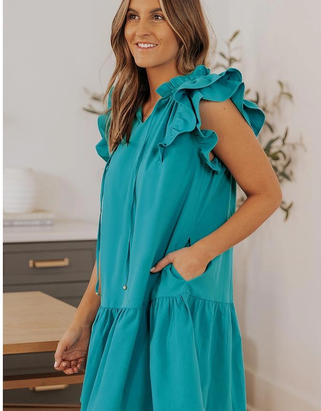 Azura Exchange Green Tiered Ruffled Sleeves Mini Dress with Pockets