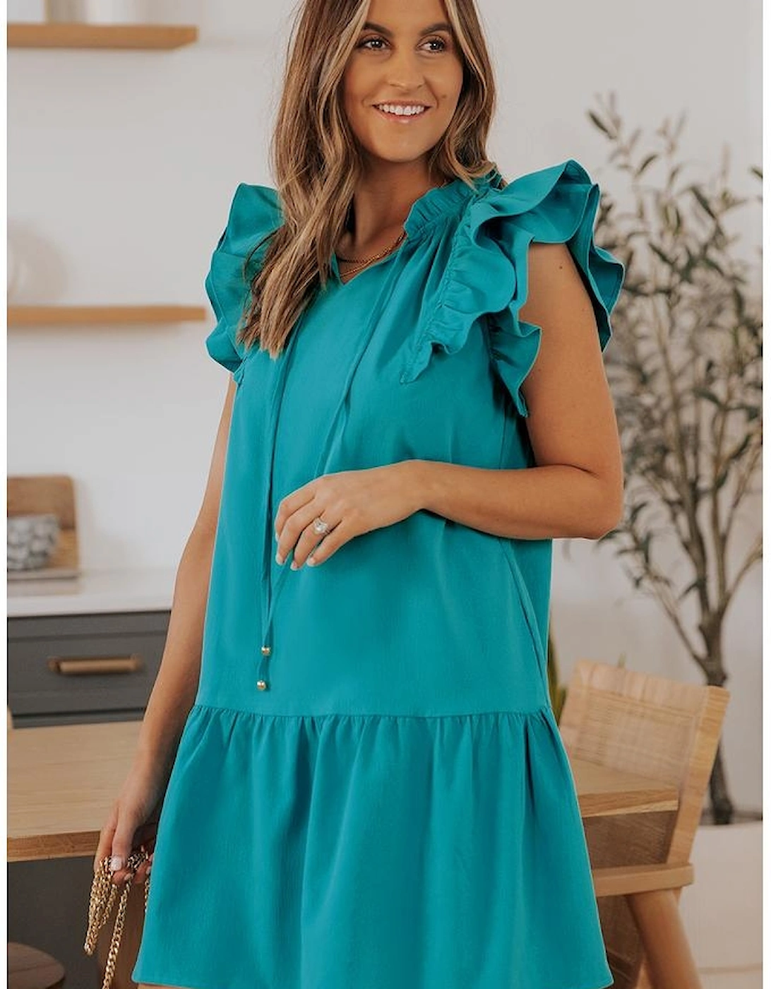 Azura Exchange Green Tiered Ruffled Sleeves Mini Dress with Pockets