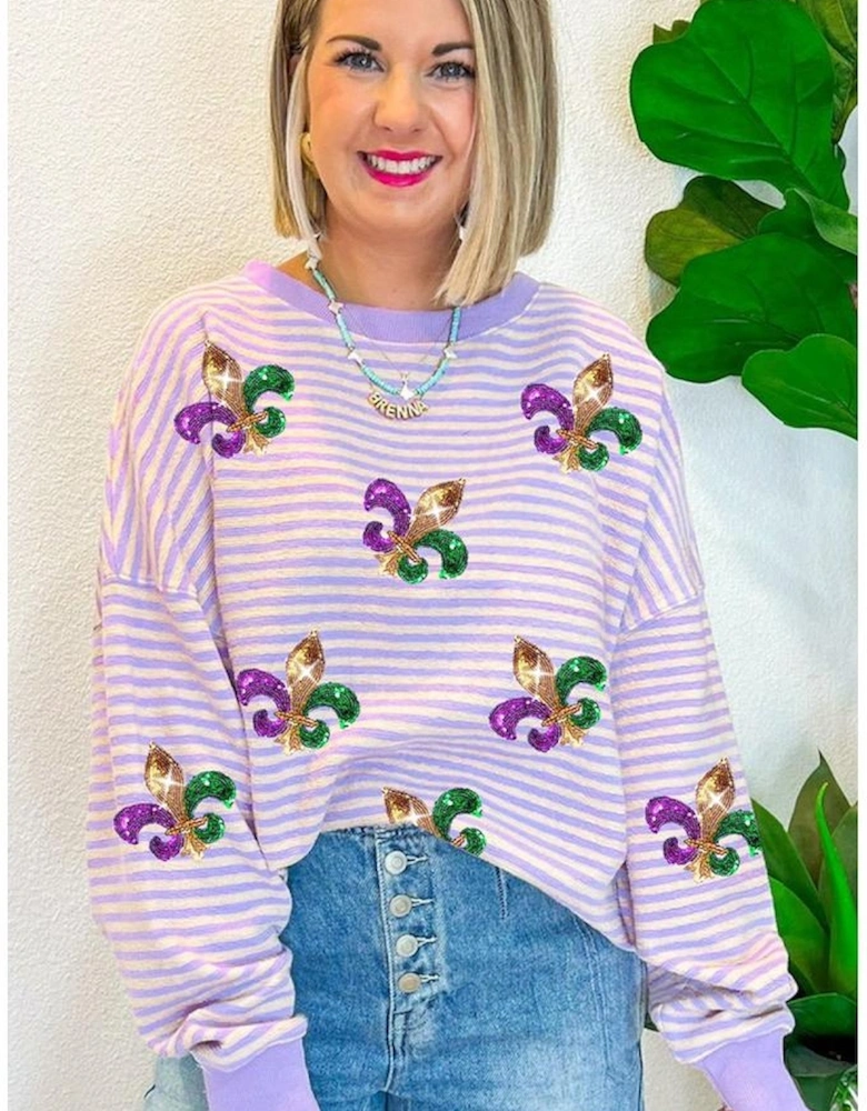 Purple Stripe Sequin Fleur de Lis Patched Pattern Long Sleeve Top