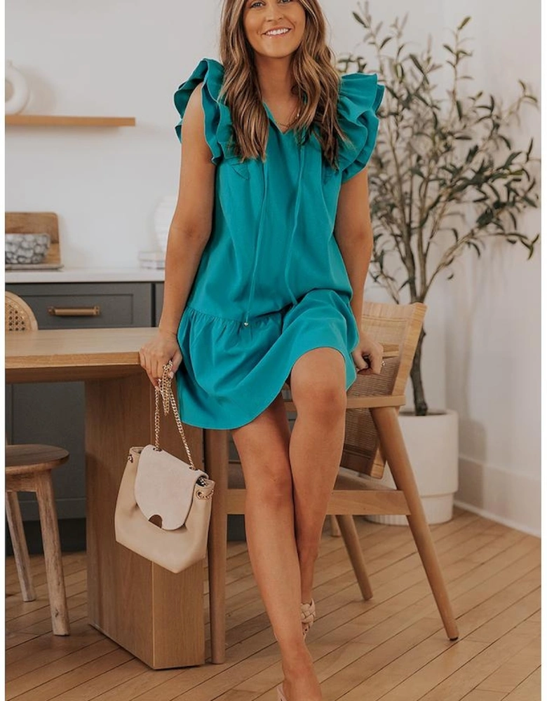 Azura Exchange Green Tiered Ruffled Sleeves Mini Dress with Pockets