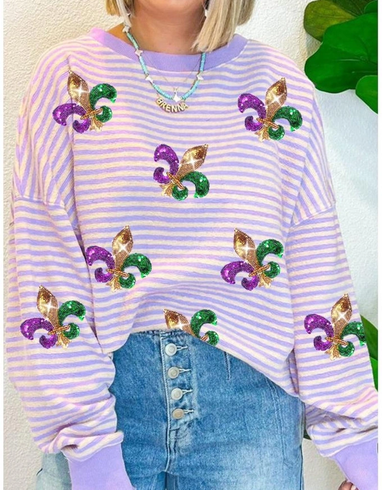 Purple Stripe Sequin Fleur de Lis Patched Pattern Long Sleeve Top