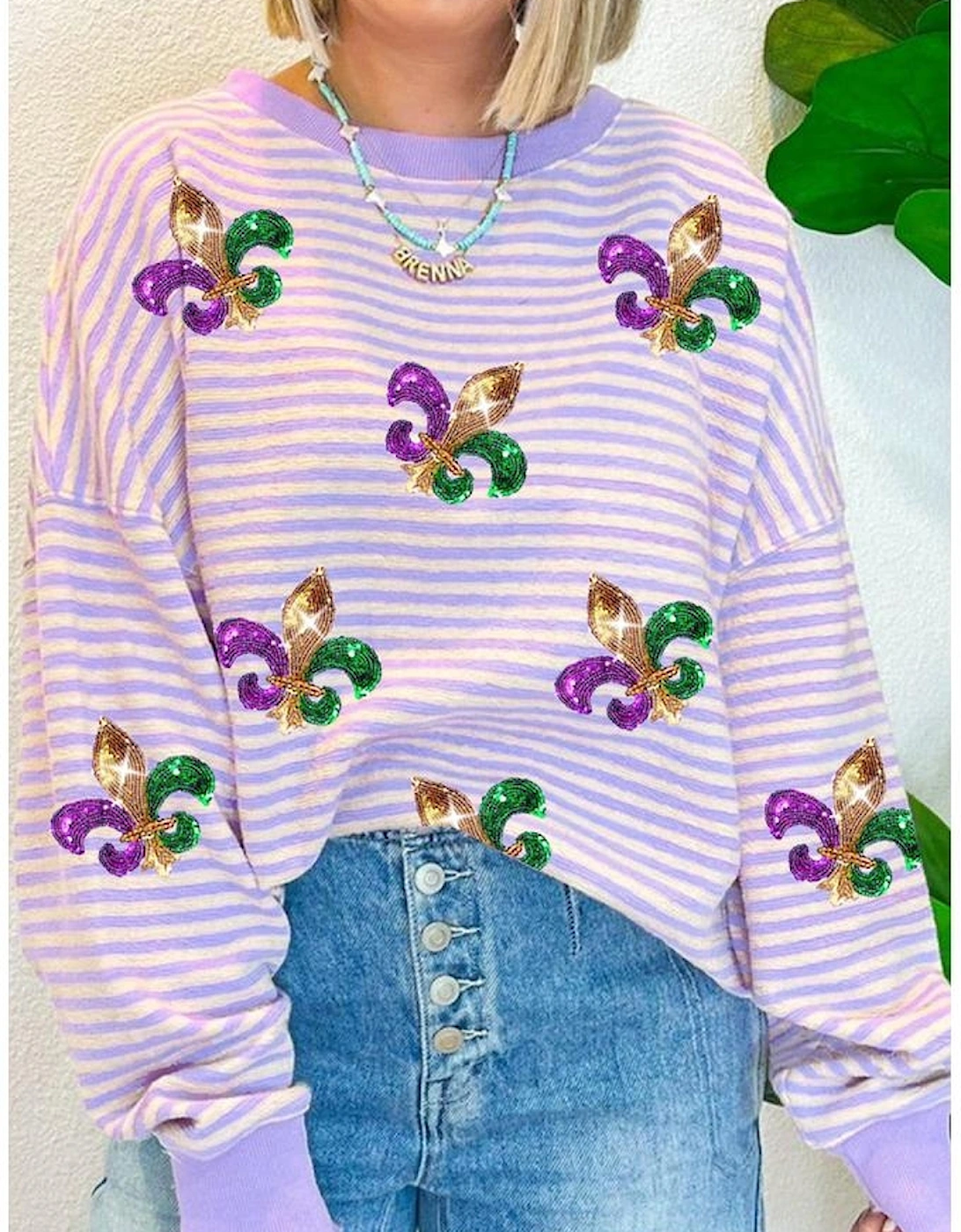 Purple Stripe Sequin Fleur de Lis Patched Pattern Long Sleeve Top