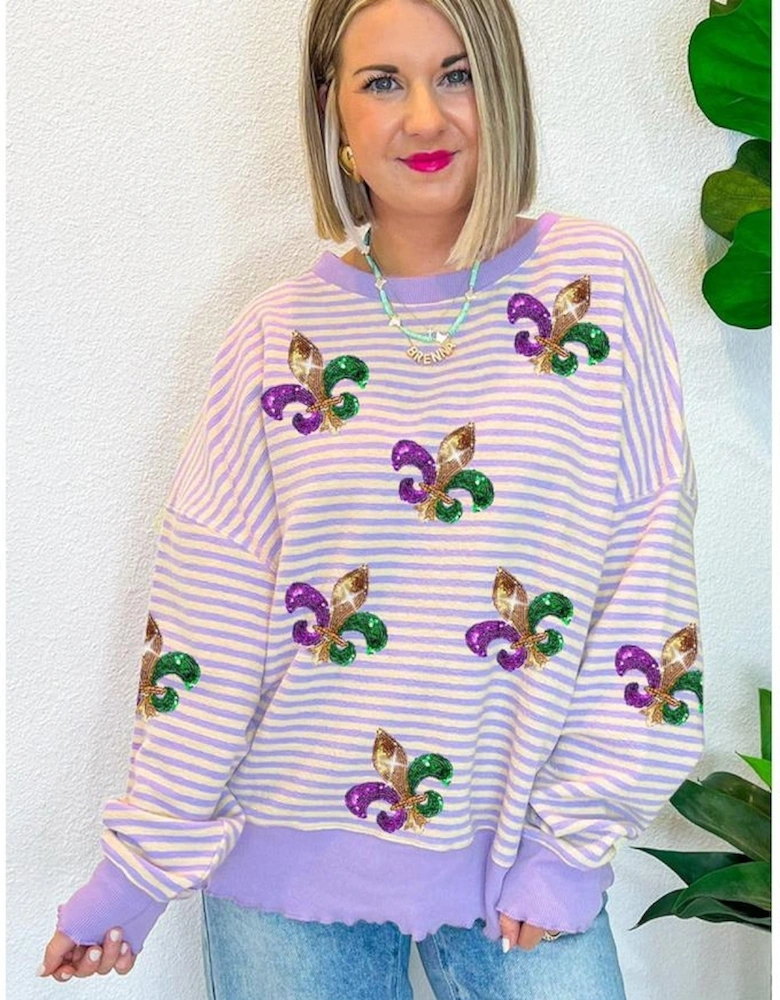 Purple Stripe Sequin Fleur de Lis Patched Pattern Long Sleeve Top