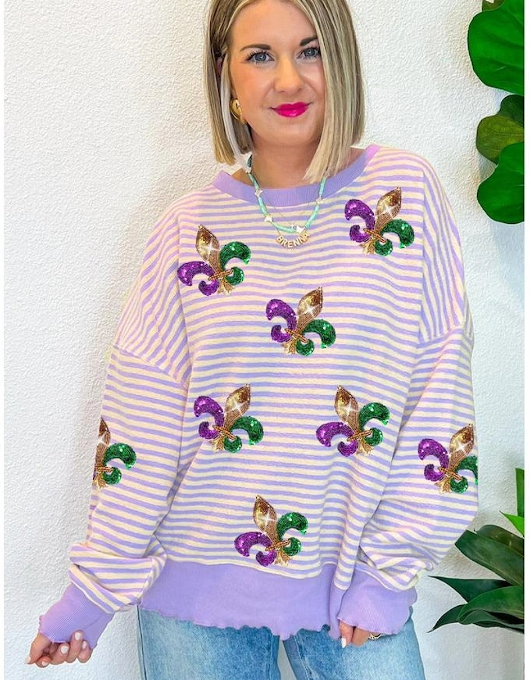 Purple Stripe Sequin Fleur de Lis Patched Pattern Long Sleeve Top, 5 of 4