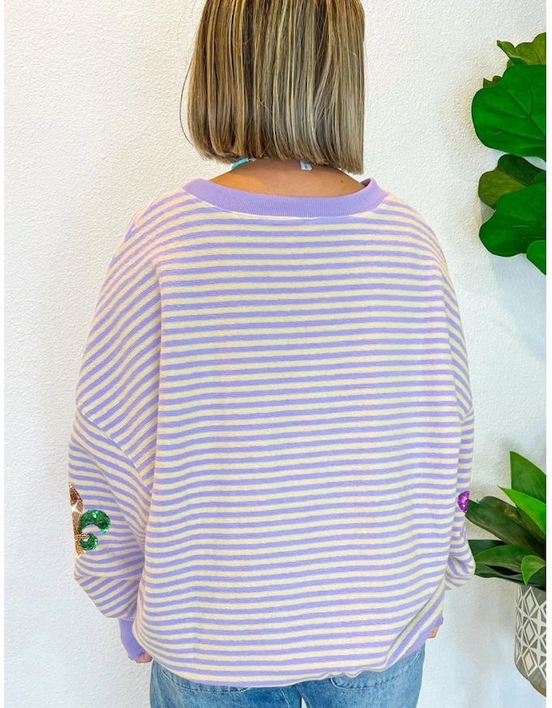 Purple Stripe Sequin Fleur de Lis Patched Pattern Long Sleeve Top
