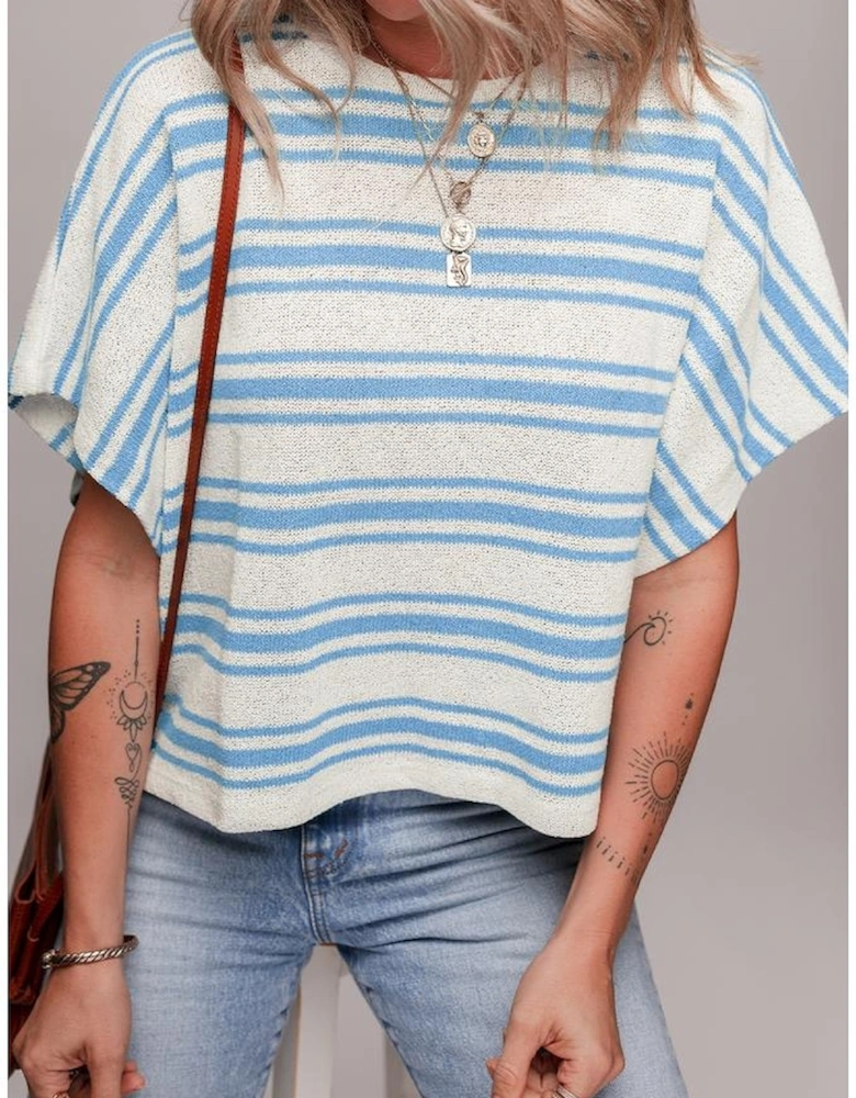 Sky Blue Stripe Boxy Fit Wide Sleeve Sweater T Shirt