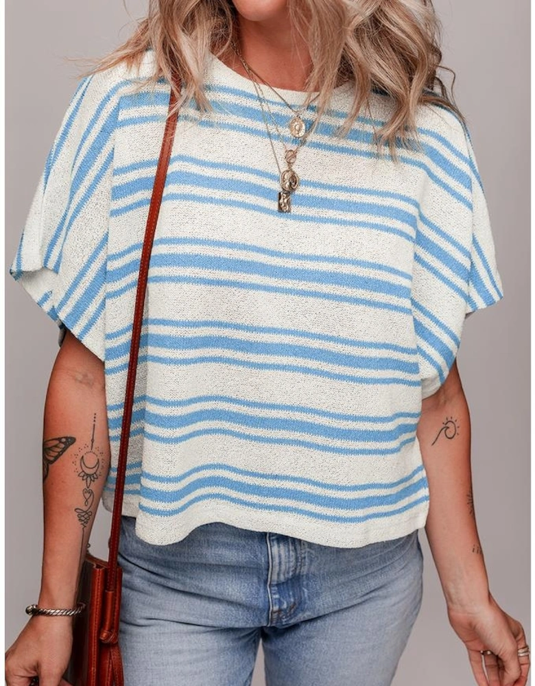 Sky Blue Stripe Boxy Fit Wide Sleeve Sweater T Shirt