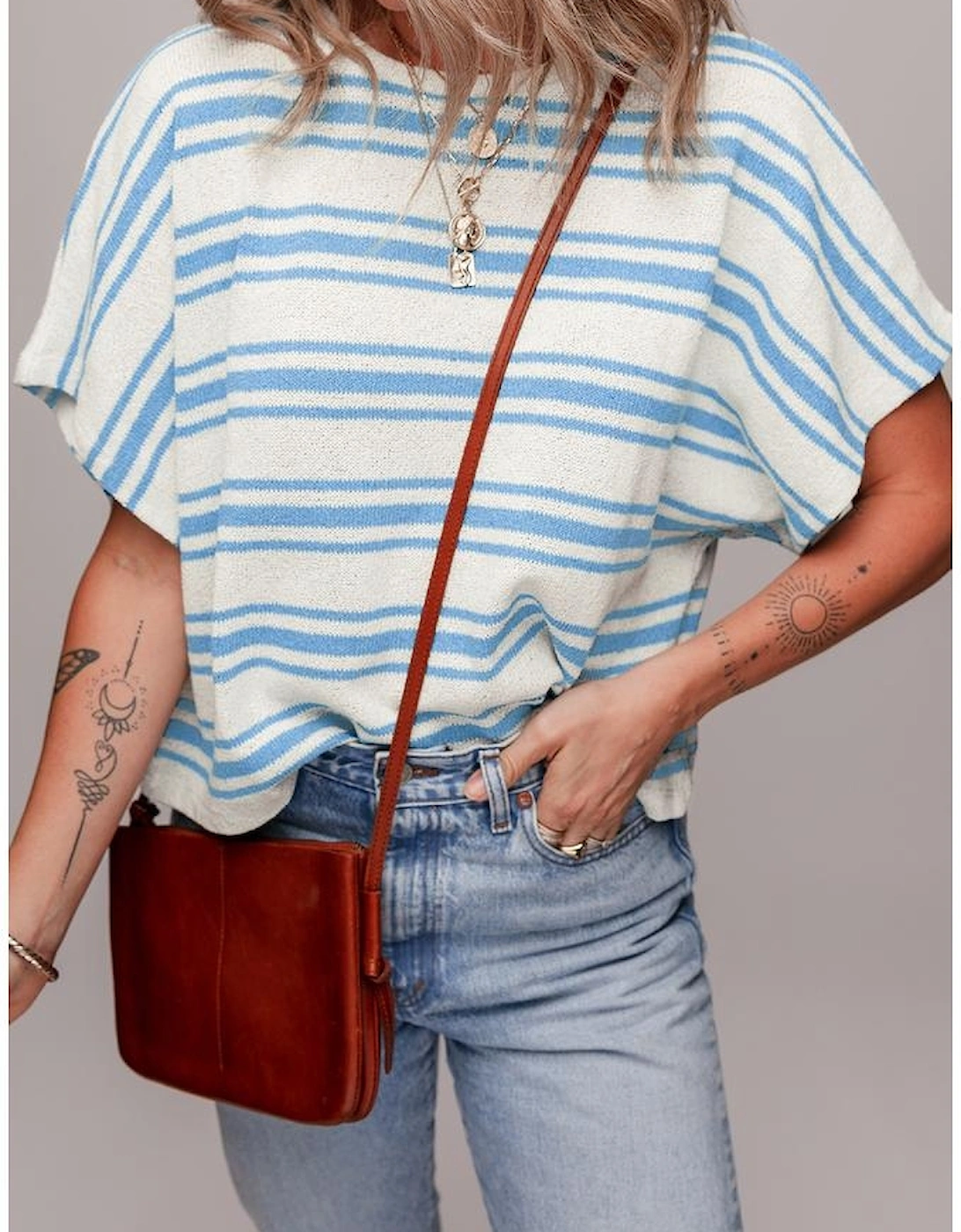 Sky Blue Stripe Boxy Fit Wide Sleeve Sweater T Shirt