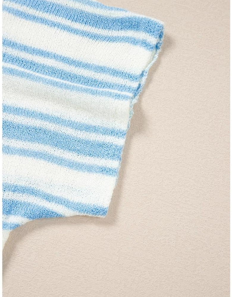 Sky Blue Stripe Boxy Fit Wide Sleeve Sweater T Shirt