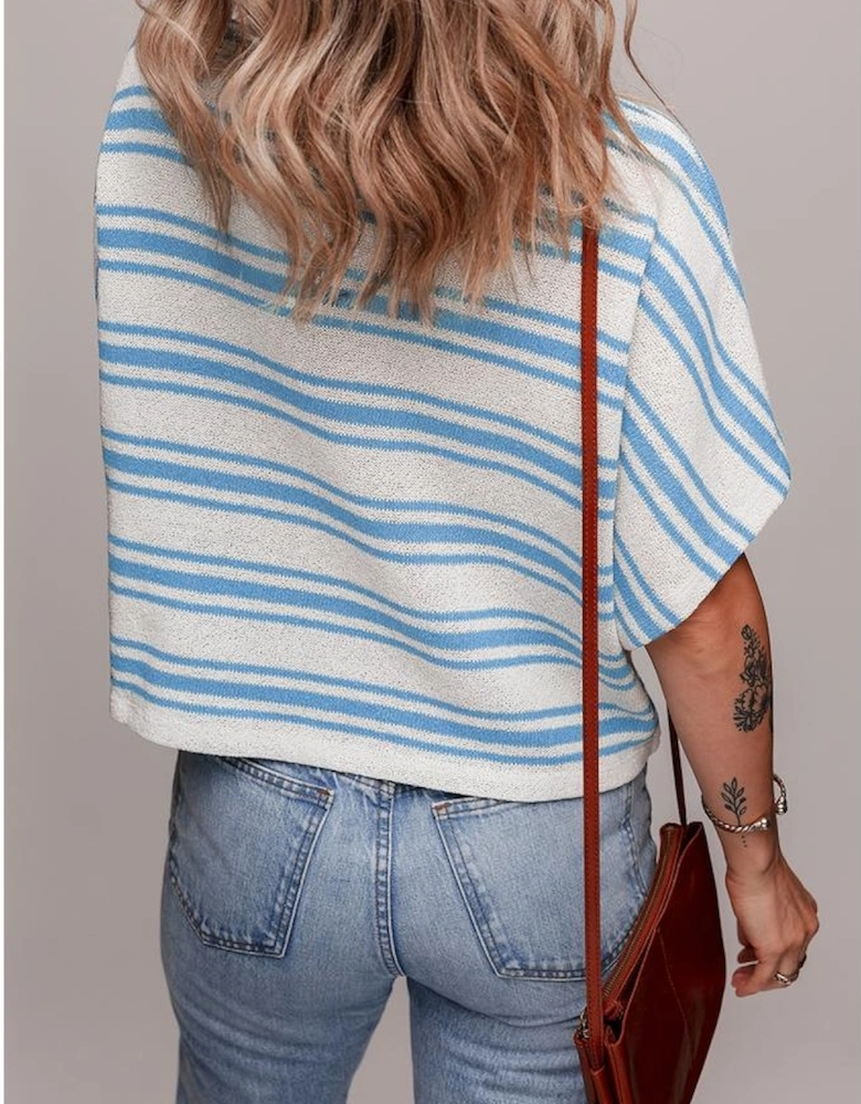 Sky Blue Stripe Boxy Fit Wide Sleeve Sweater T Shirt