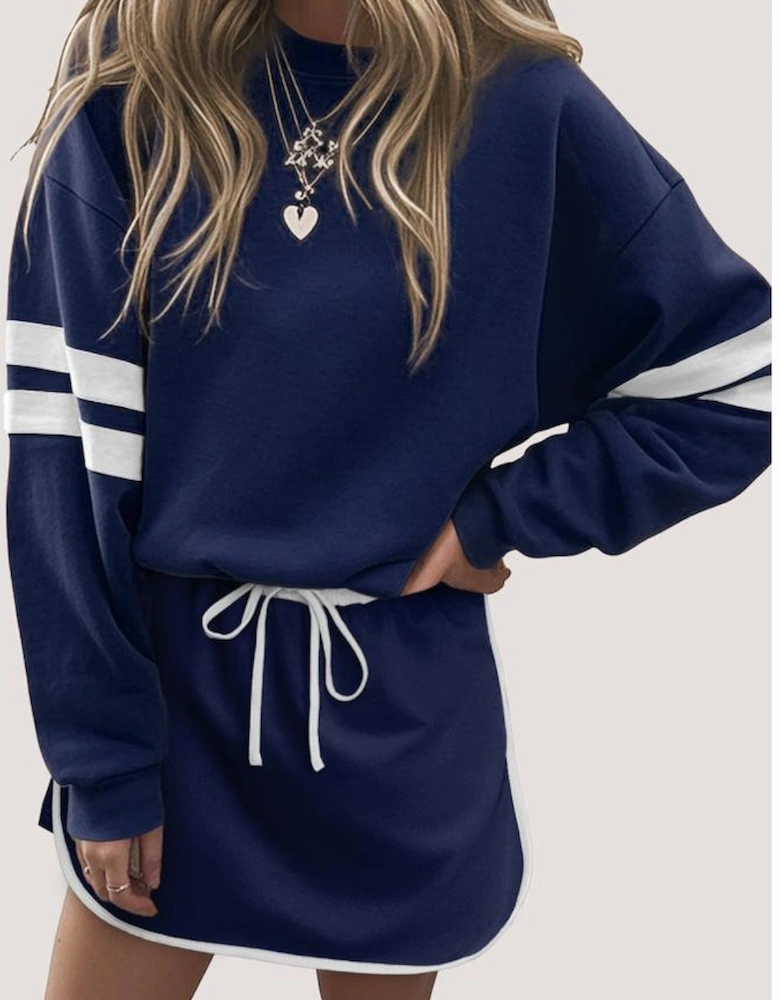Navy Blue Varsity Stripe Detail Drop Shoulder Pullover Mini Skirt Set