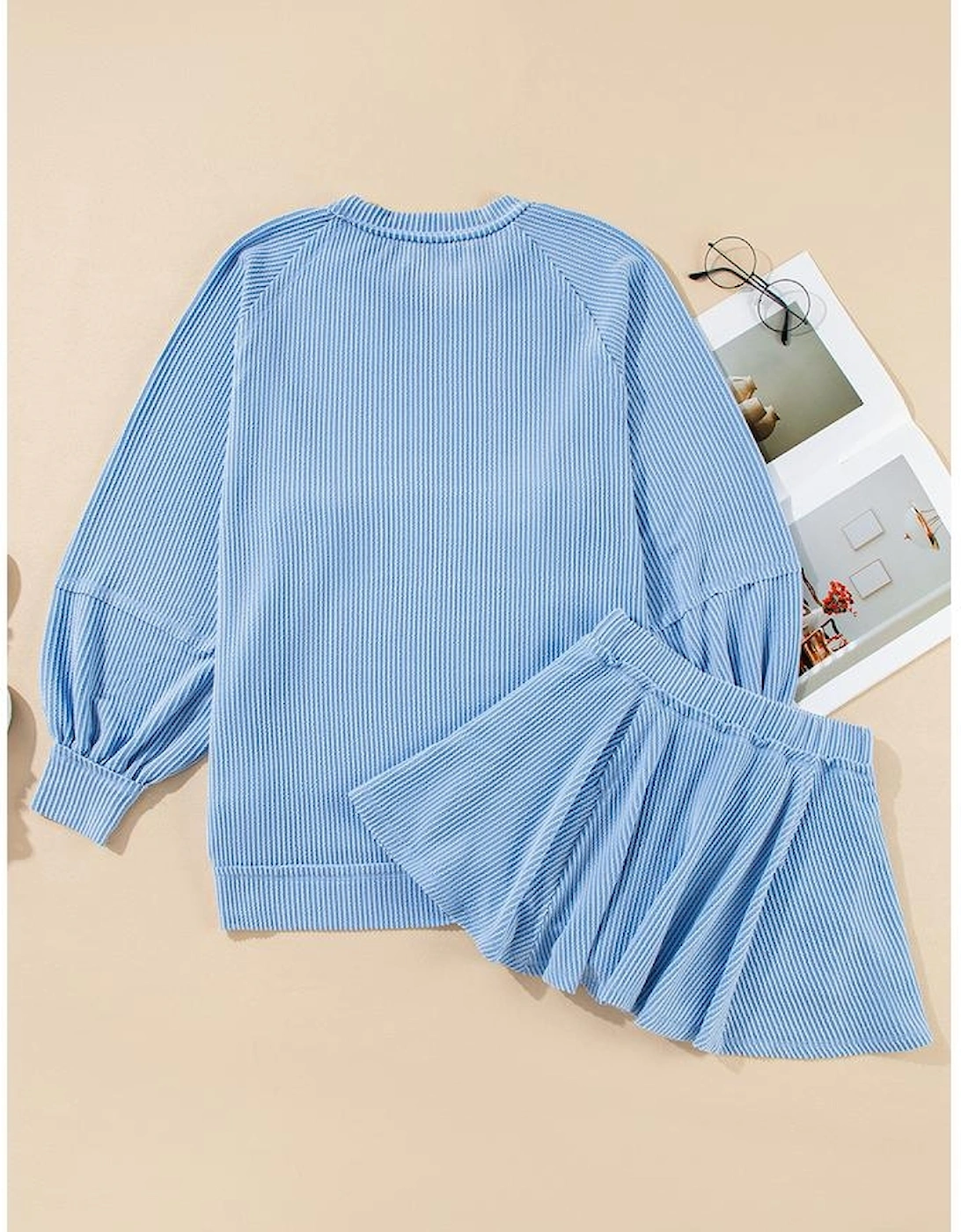 Sky Blue Corded Lantern Sleeve Top High Waist Ruffled Mini Skirt Set