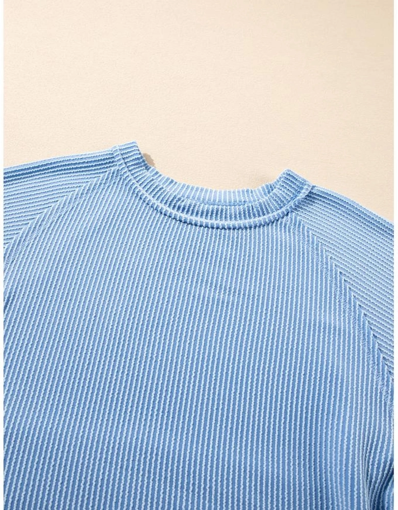 Sky Blue Corded Lantern Sleeve Top High Waist Ruffled Mini Skirt Set