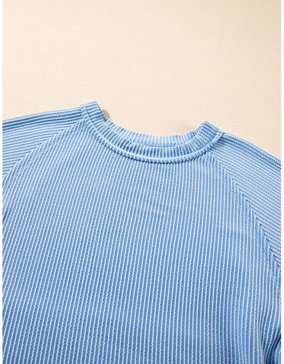 Sky Blue Corded Lantern Sleeve Top High Waist Ruffled Mini Skirt Set