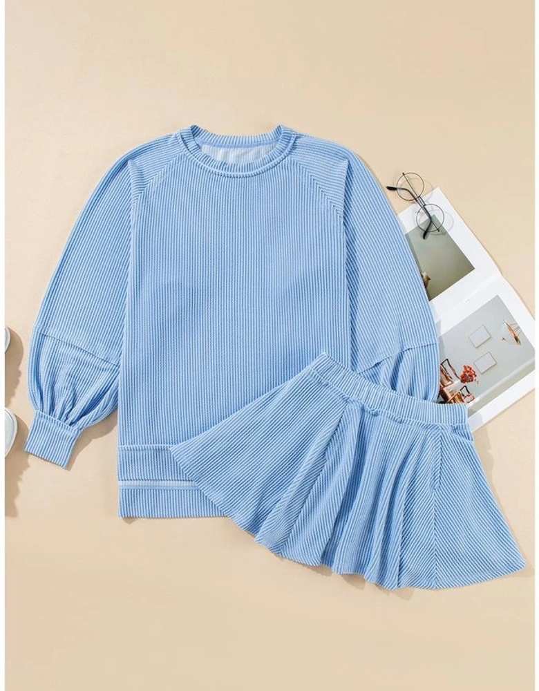 Sky Blue Corded Lantern Sleeve Top High Waist Ruffled Mini Skirt Set