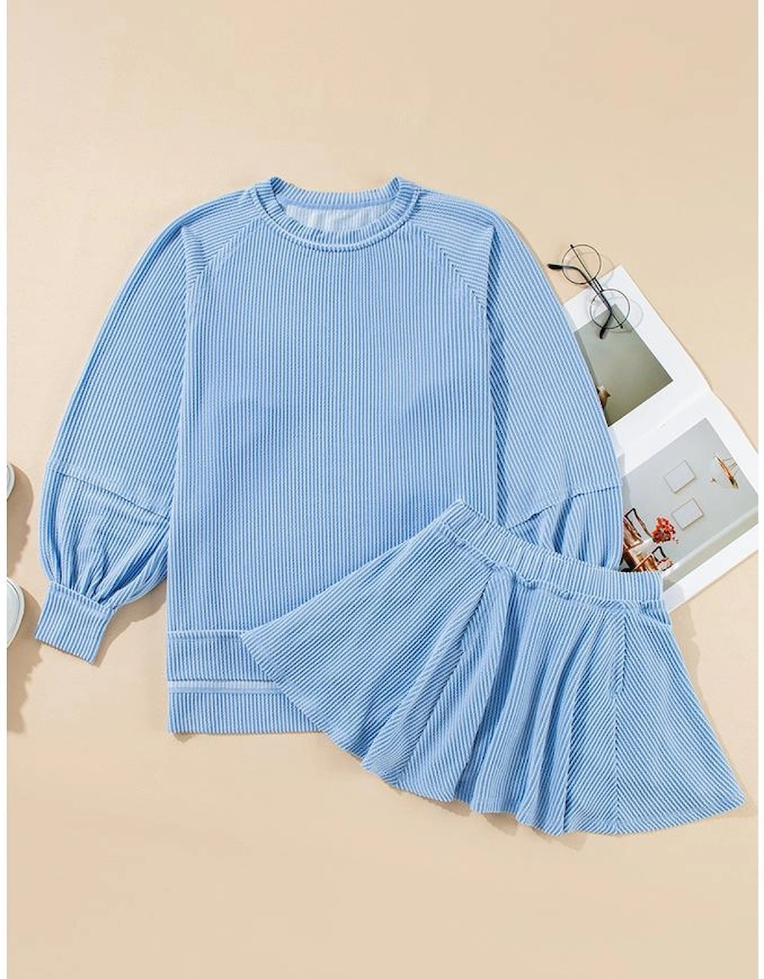 Sky Blue Corded Lantern Sleeve Top High Waist Ruffled Mini Skirt Set