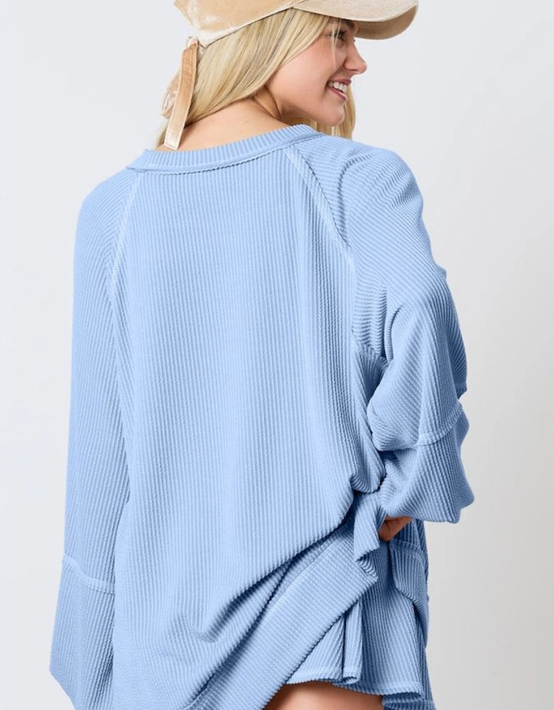 Sky Blue Corded Lantern Sleeve Top High Waist Ruffled Mini Skirt Set