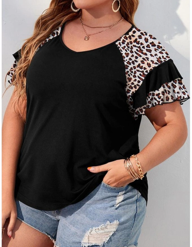 Black Leopard Ruffle Patchwork Sleeve Plus Size Summer Top