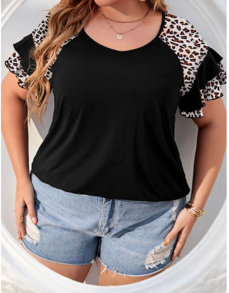 Black Leopard Ruffle Patchwork Sleeve Plus Size Summer Top