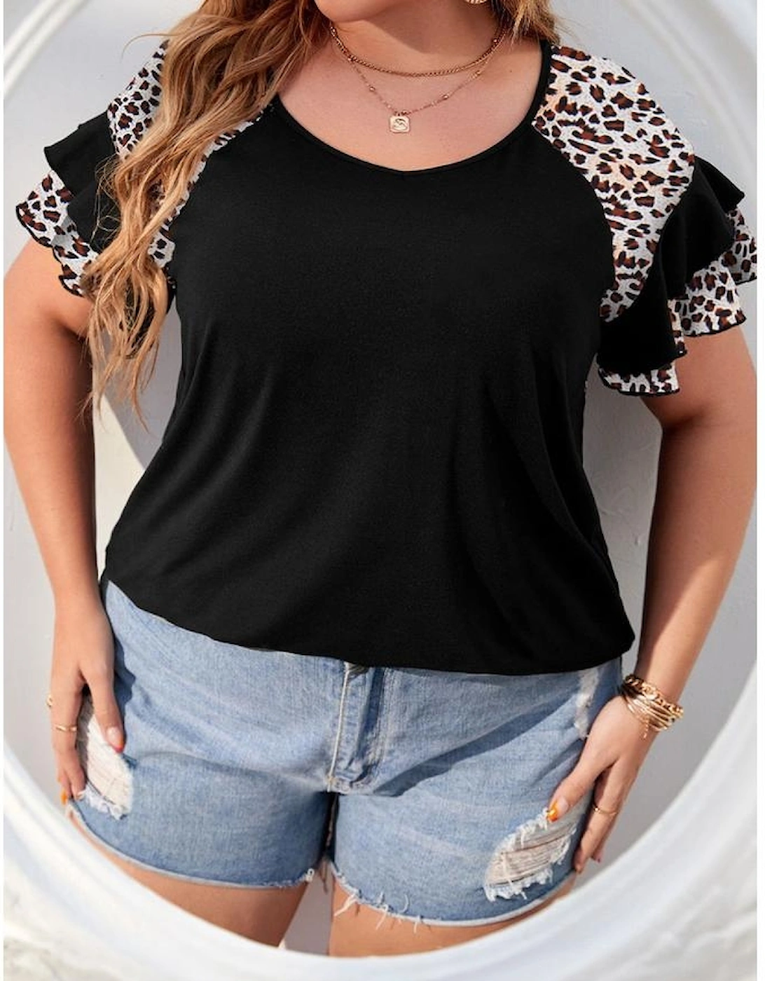 Black Leopard Ruffle Patchwork Sleeve Plus Size Summer Top