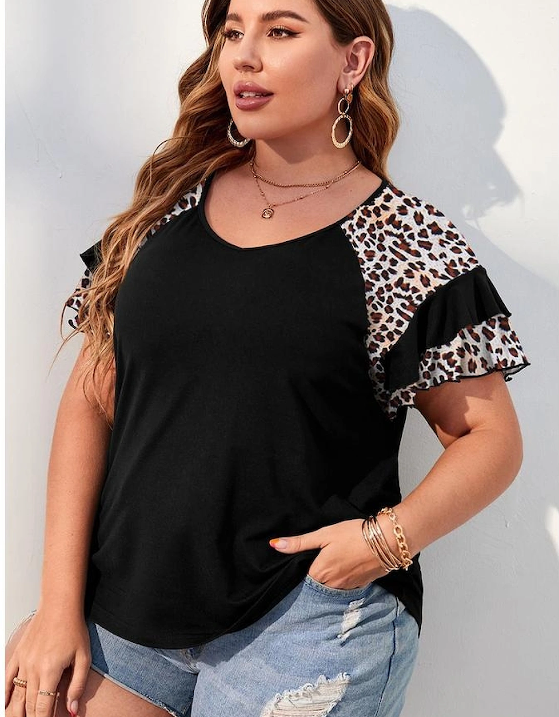 Black Leopard Ruffle Patchwork Sleeve Plus Size Summer Top, 4 of 3