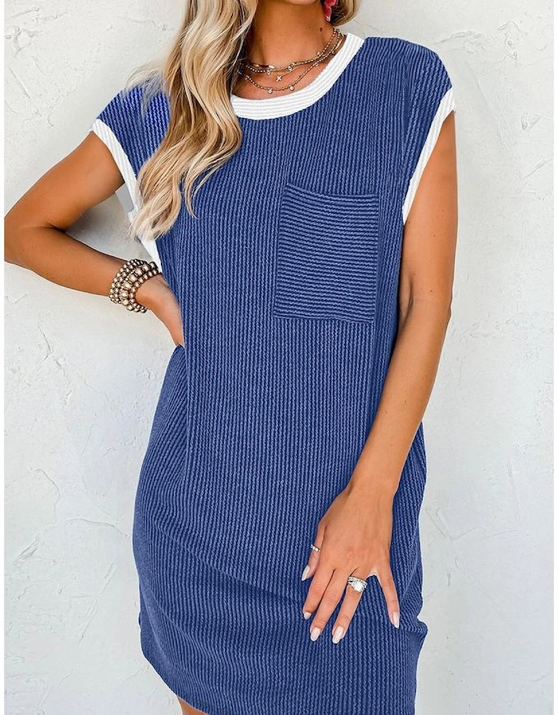 Sail Blue Rib Textured Cap Sleeve T-Shirt Dress