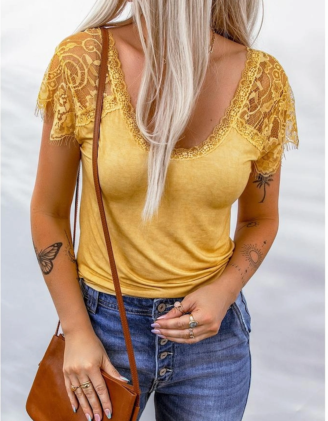 Azura Exchange Lace Crochet Short Sleeve U Neck T Shirt