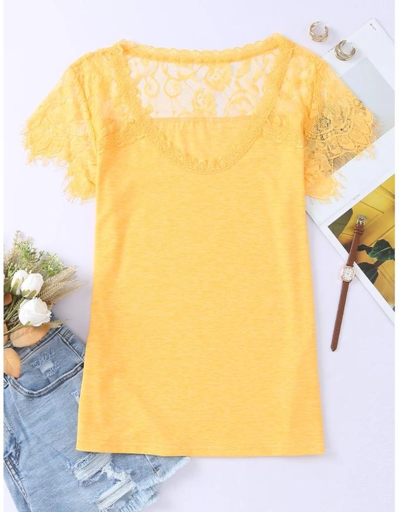Azura Exchange Lace Crochet Short Sleeve U Neck T Shirt