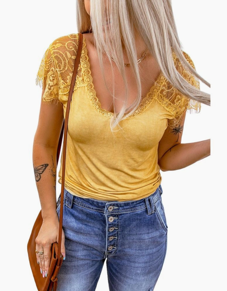 Azura Exchange Lace Crochet Short Sleeve U Neck T Shirt