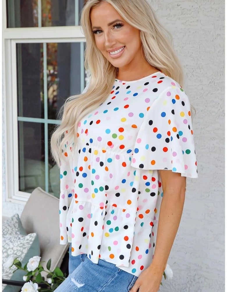White Colorful Polka Dot Short Sleeve Tiered Ruffled Babydoll Blouse