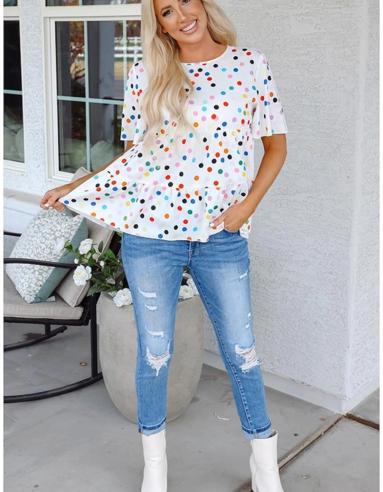 White Colorful Polka Dot Short Sleeve Tiered Ruffled Babydoll Blouse