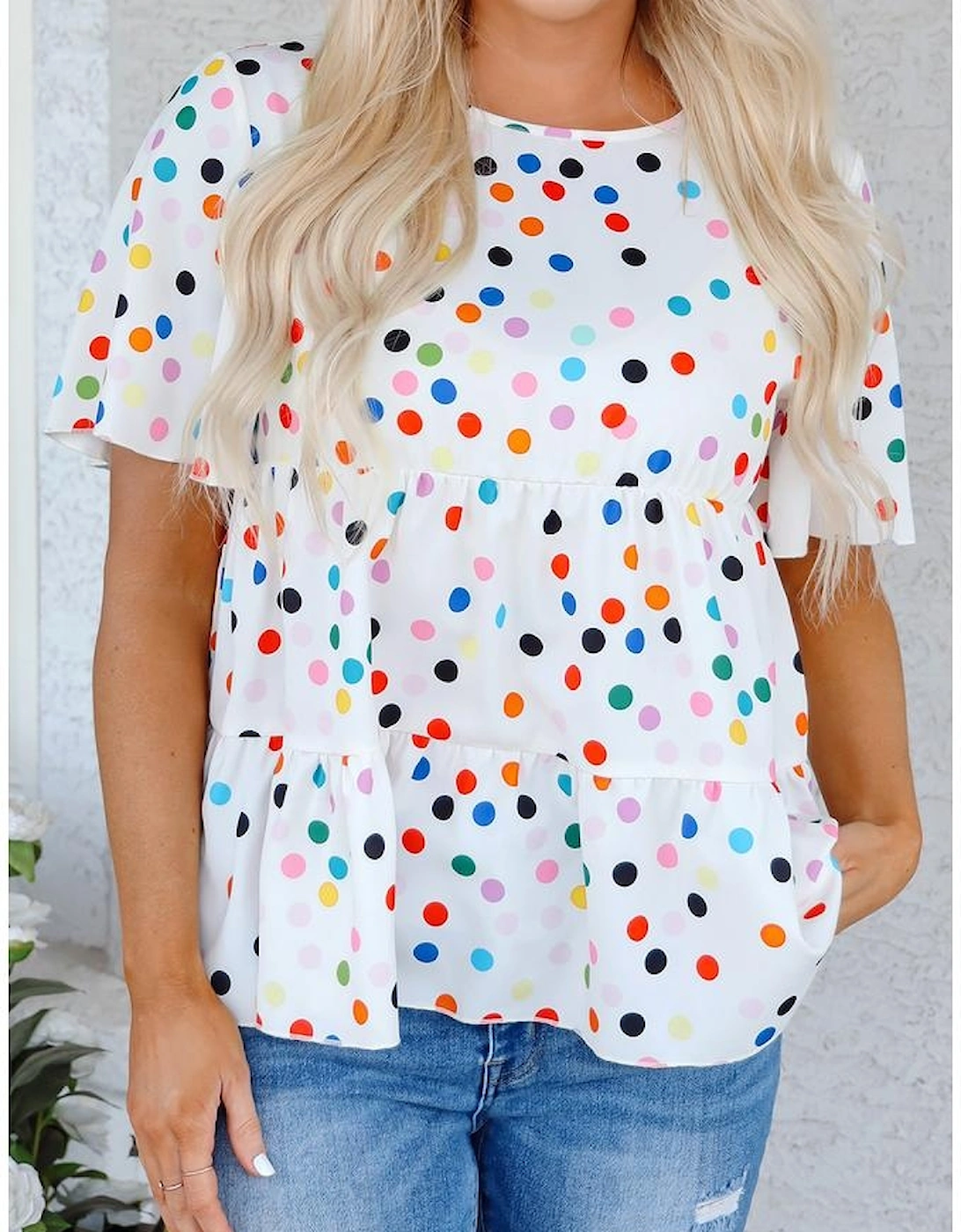 White Colorful Polka Dot Short Sleeve Tiered Ruffled Babydoll Blouse