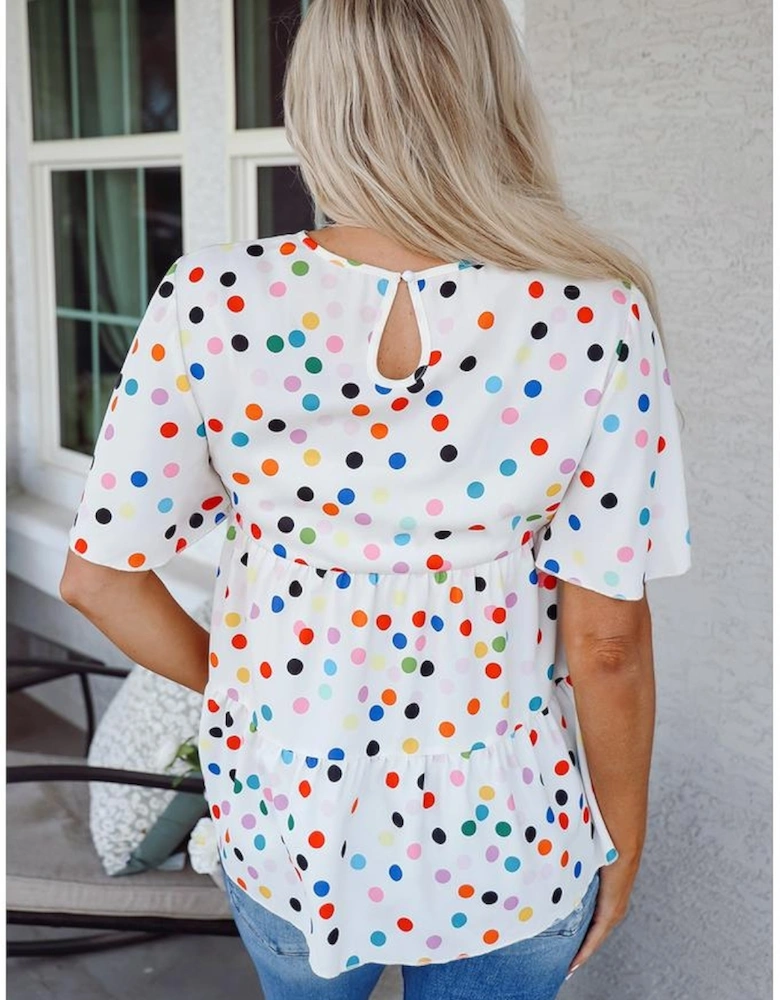 White Colorful Polka Dot Short Sleeve Tiered Ruffled Babydoll Blouse