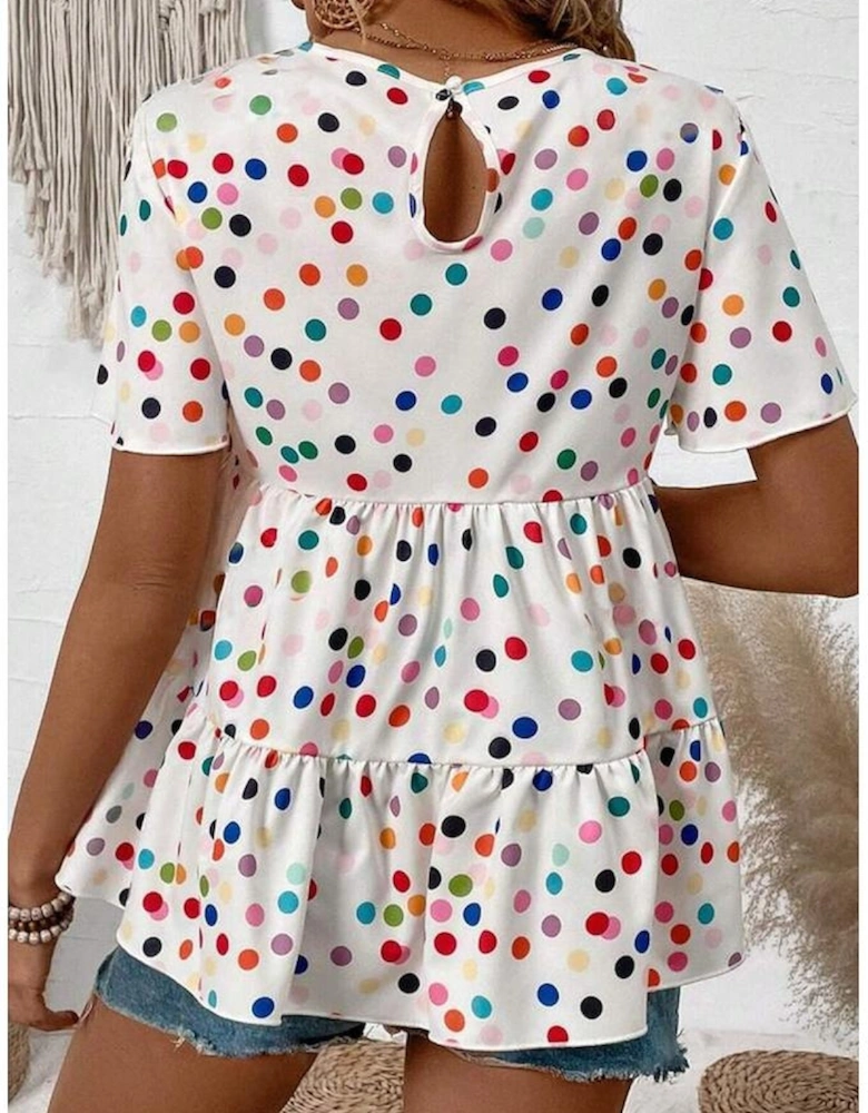 White Colorful Polka Dot Short Sleeve Tiered Ruffled Babydoll Blouse